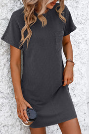 Dark gray ribbed tee dress with short sleeves, patch pocket, and pinstripe pattern.