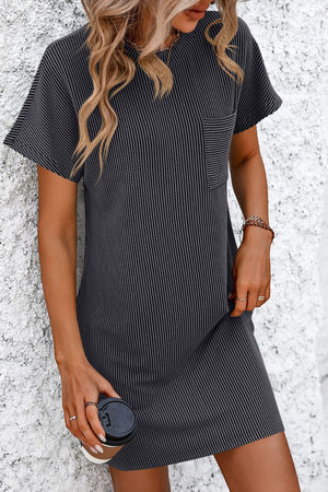 Dark gray ribbed tee dress with short sleeves, patch pocket, and pinstripe pattern.