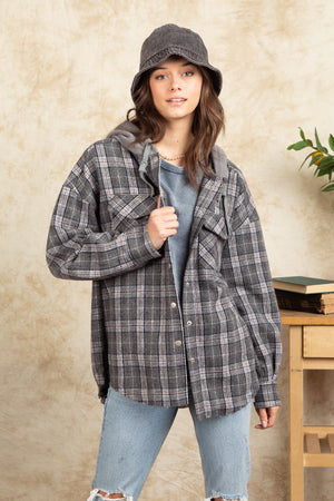 Dark Gray plaid shacket with sherpa hood, buttoned front, and chest pockets.