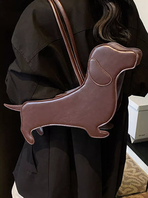 Charming dachshund shoulder bag in coffee color PU leather with a playful dog shape.