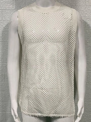 Ivory open-knit tank top with ribbed trim and a mesh pattern.