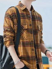 Men's cotton button-up shirt in Yellow Blue Grid plaid with two chest pockets.
