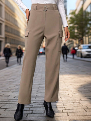 Mocha cargo pants with a belted waist and straight leg cut.