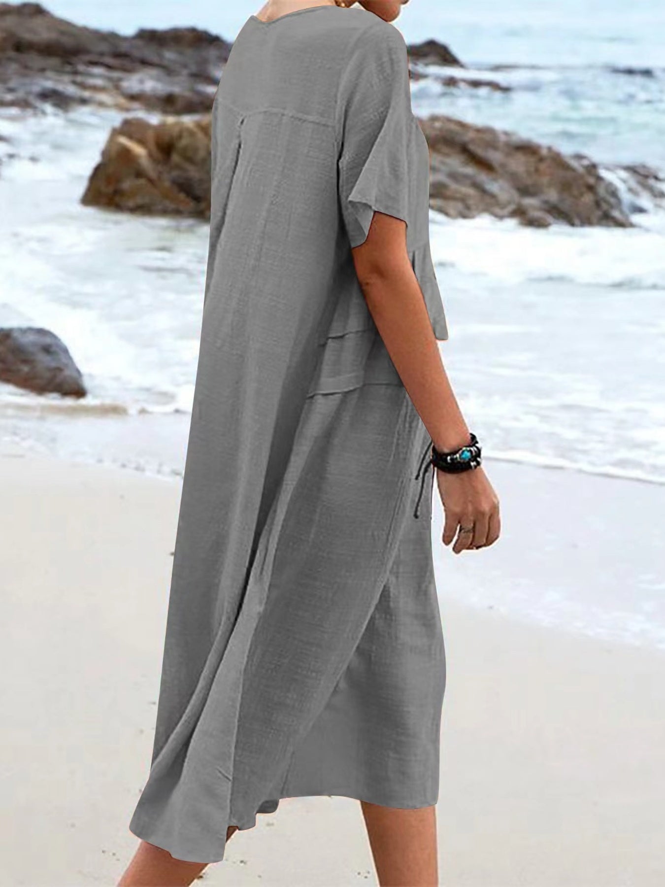 Full Size Casual Linen Blend Midi Dress in Royal Blue, fit detail