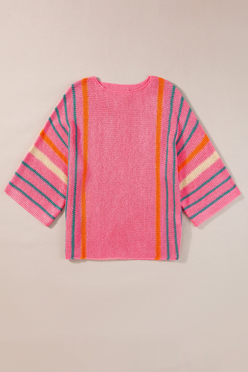 Pink knit pullover sweater with colorblock stripes on sleeves and vertical stripes.
