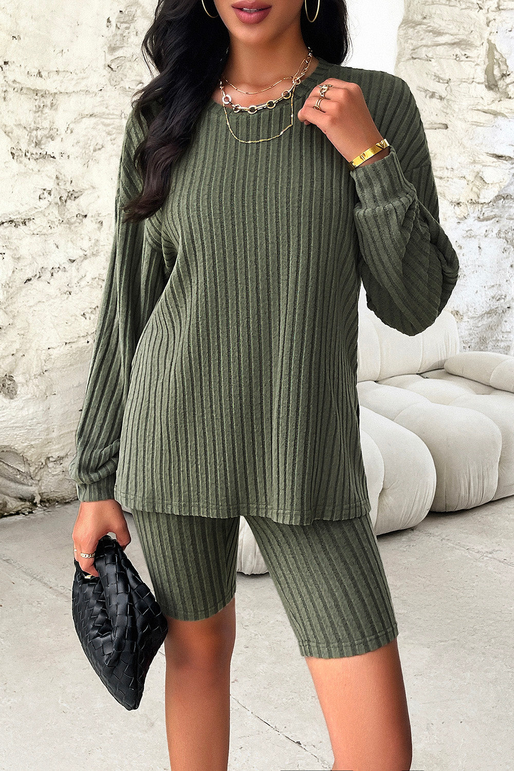 Slouchy ribbed knit bike short set in matcha green with long sleeves.