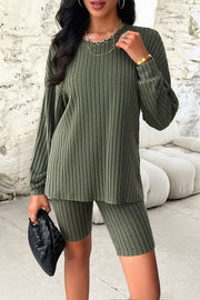 Slouchy ribbed knit bike short set in matcha green with long sleeves.