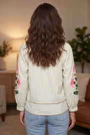 Embroidered Stripe V-neck Long Sleeve Shirt