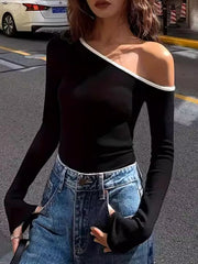Black ribbed off-shoulder top with contrast trim and long sleeves.