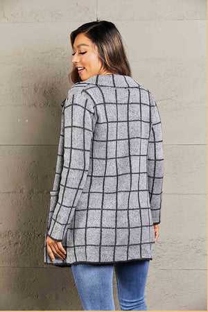 Gray grid-print knit blazer coat with lapels and pockets, acrylic material.