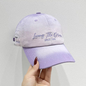 Light purple gradient embroidered cotton baseball cap with text detail