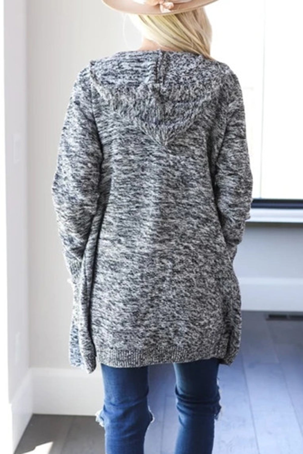 Hooded heathered knit open cardigan in light gray with pockets.