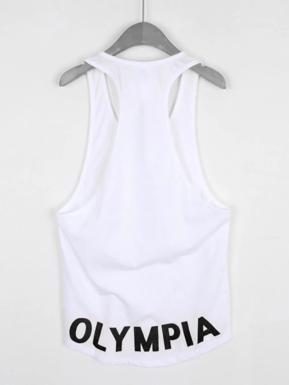 White Olympia racerback tank top with black lettering