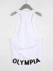 White Olympia racerback tank top with black lettering