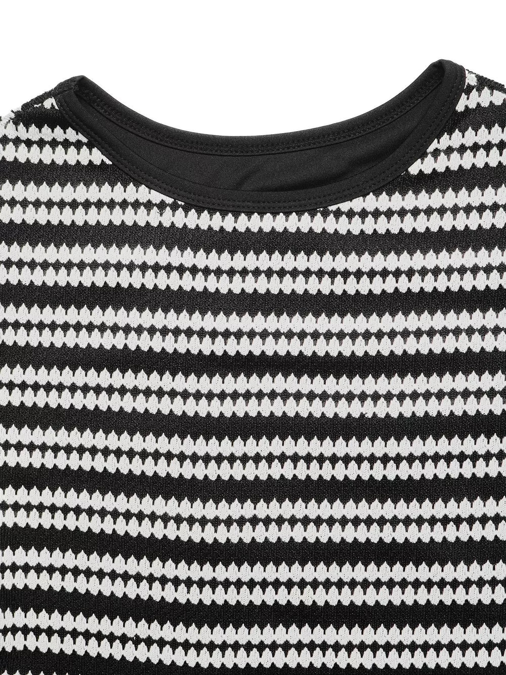 Black and white striped knit maxi dress with crew neck detail.