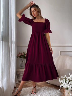Burgundy smocked midi dress with square neck, puff sleeves and tiered hem