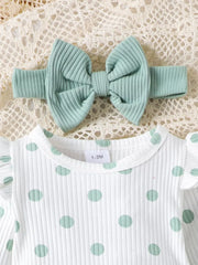 Children's Ruffled Polka Dot Bodysuit And Pants Set in Light Green, side view