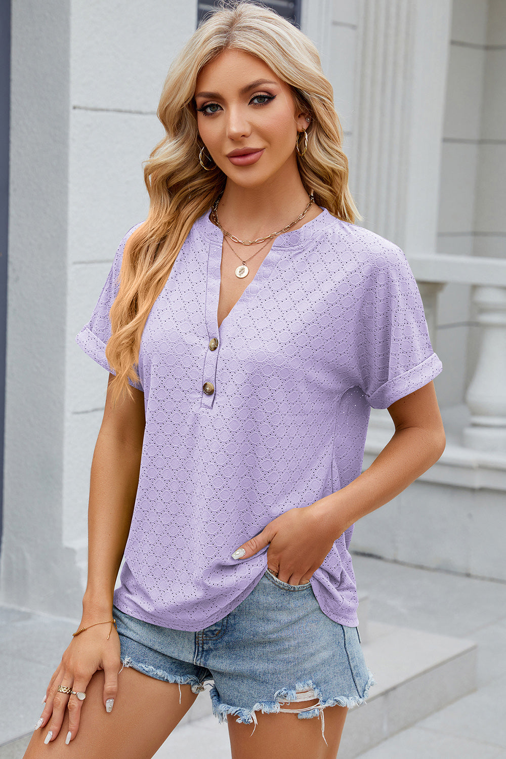 Lavender textured henley tee with rolled sleeves and button detail