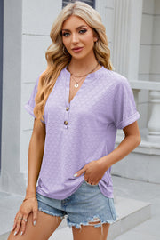Lavender textured henley tee with rolled sleeves and button detail