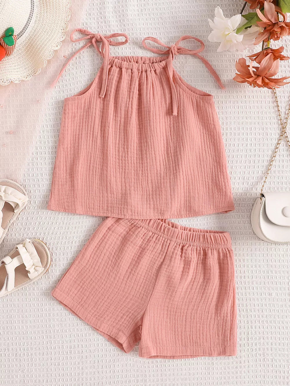 Children's Textured Cami And Shorts Set in Sea Blue, fabric detail