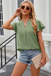 Light green flutter sleeve V-neck blouse with a relaxed fit.