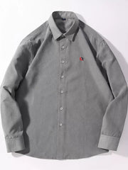 Classic casual button-up shirt in dark gray with red embroidered logo detail.