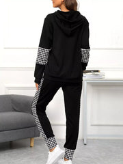Black houndstooth hoodie and pants set with drawstring and contrast trim