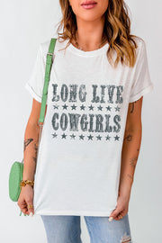 White crew neck t-shirt with "Long Live Cowgirls" graphic and stars pattern.