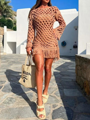 Caramel open-knit cover-up with fringe hem and bell sleeves.