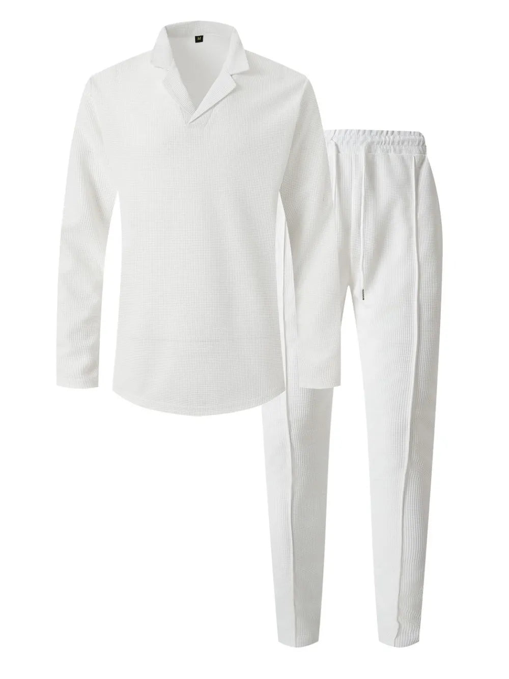 White textured collar lounge set with long sleeves and drawstring pants.