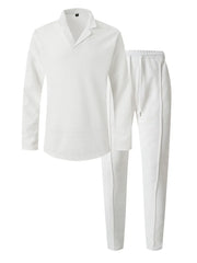 White textured collar lounge set with long sleeves and drawstring pants.