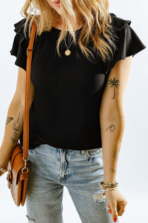 Black t-shirt with ruffled short sleeves and a round neckline.