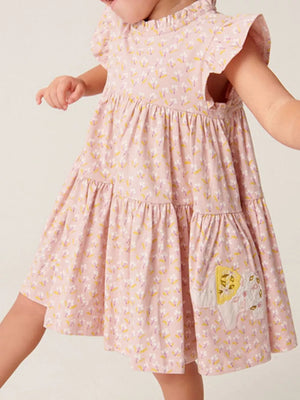 Toddler pink floral ruffle sleeve dress with tiered skirt and elephant applique.