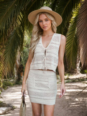Beige crochet tie-front tank top and mini skirt set with open knit detail and pockets