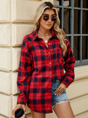 Distressed plaid overshirt in deep red and black with a relaxed fit and button front.