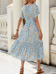 Daisy print midi dress with tie front, short sleeves, and tiered hem.