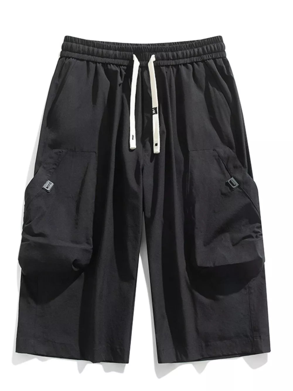 Black cargo capris with adjustable drawstring and large side pockets.