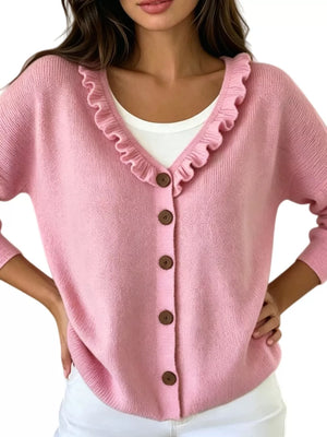 Ruffled Neckline Button-up Cardigan in White, model styling view