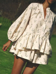 Charming Floral Balloon Sleeve Two-piece Set
