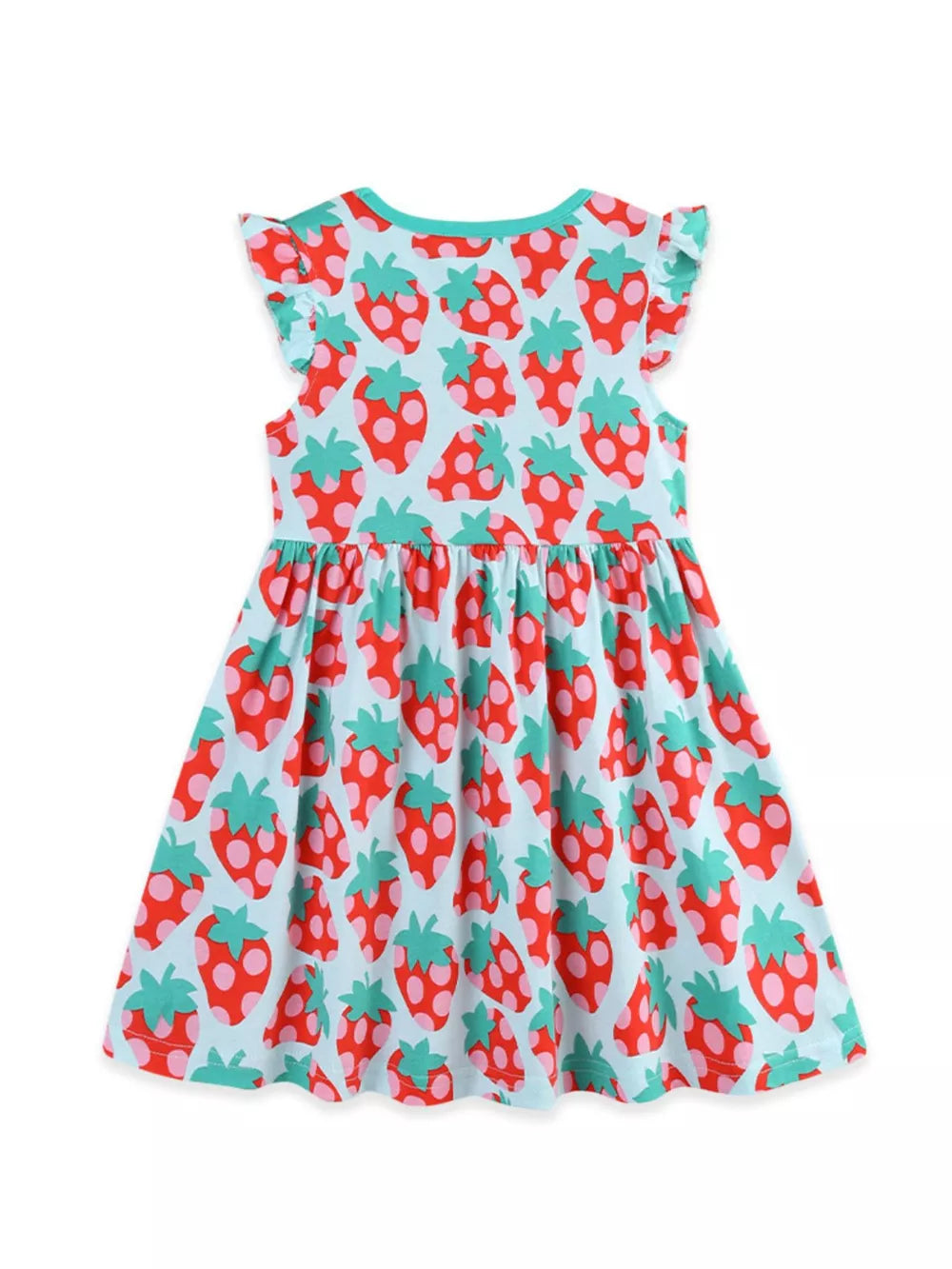 Baby dress with strawberry print, ruffle sleeves, and round neckline.