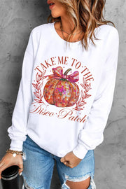 White roundneck sweatshirt with disco pumpkin graphic and text.