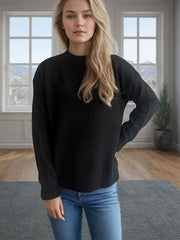 Black textured knit crew neck pullover sweater with long sleeves.