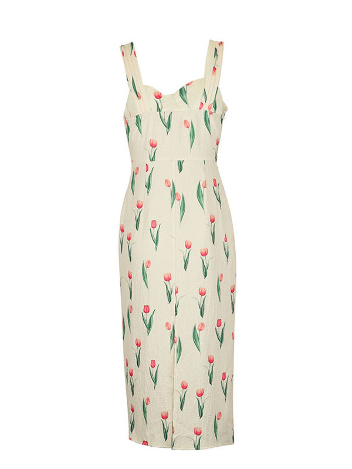 Cream tulip print midi dress with sweetheart neckline and twist front detail.