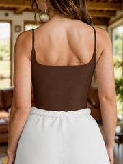 Brown square neck bodysuit with delicate spaghetti straps.