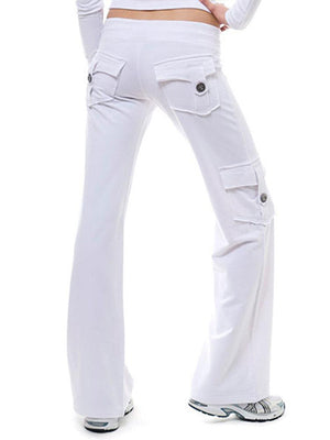White wide-leg drawstring cargo pants with button-flap pockets.