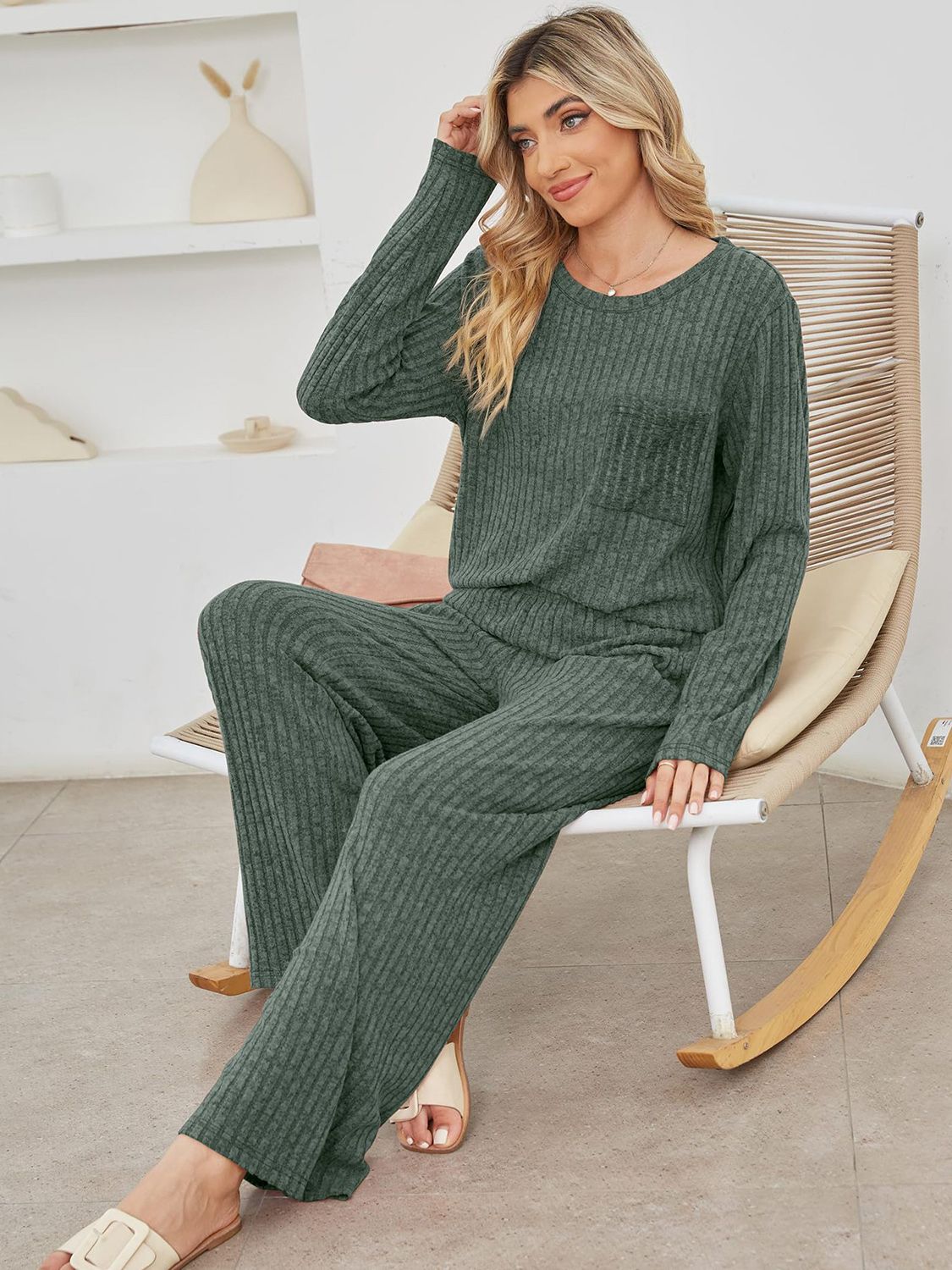 Ribbed knit lounge set in Army Green with long sleeves, crew neck, and pocket detail.