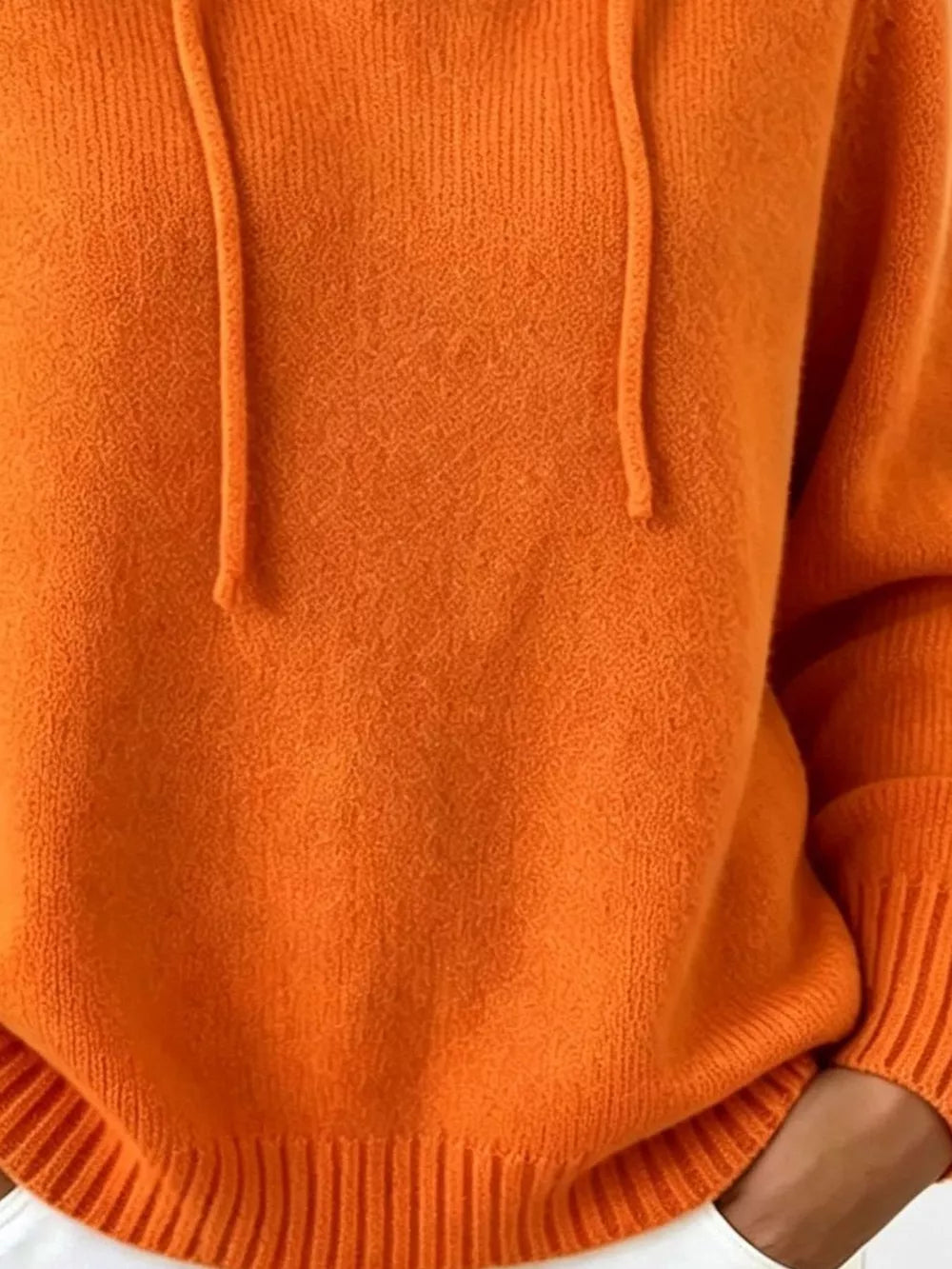 Cozy Ribbed Long-sleeve Hooded Sweater in White, fabric detail