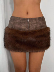 Faux Fur Trim Mini Skirt in Brown, front view
