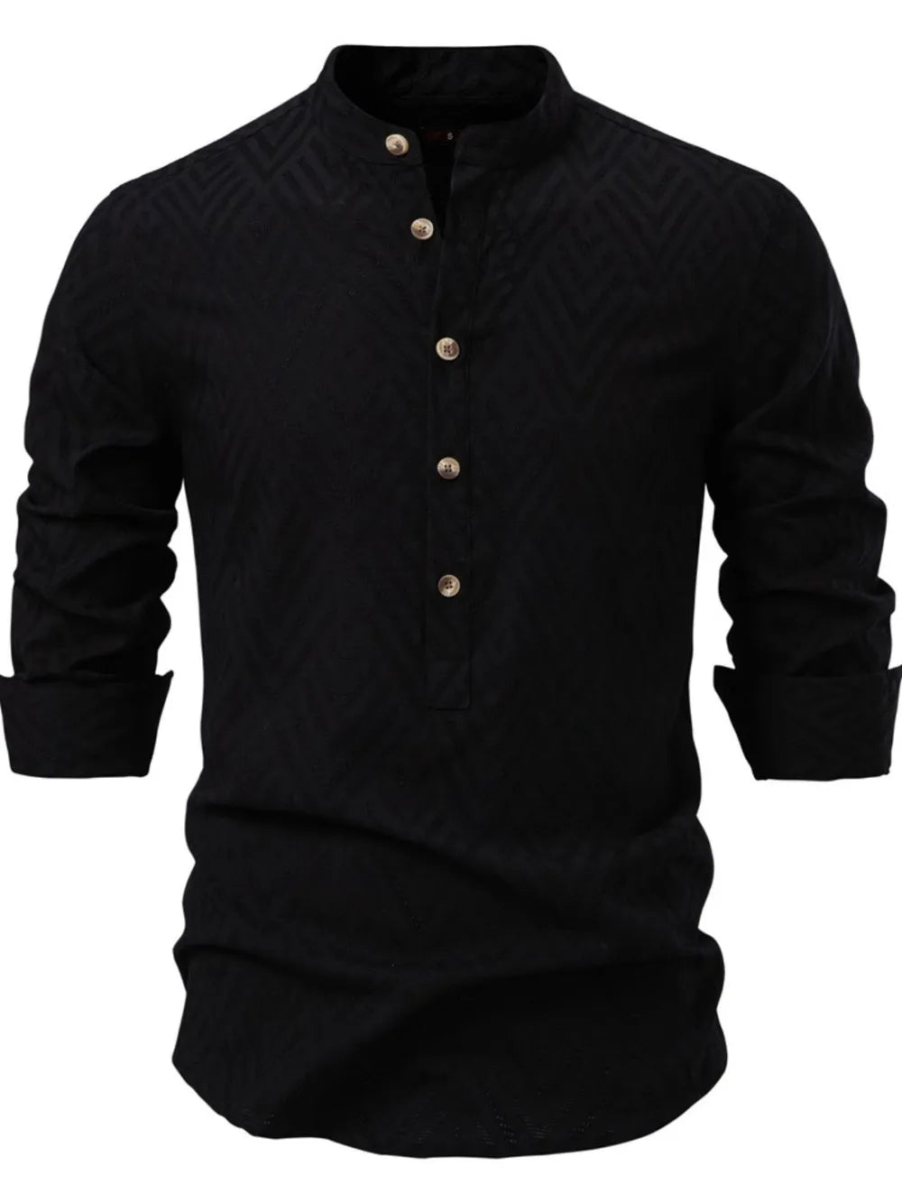 Black geo-embossed henley shirt with mandarin collar and buttoned placket.