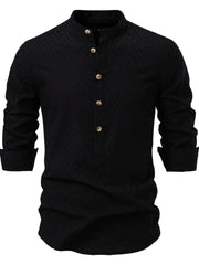 Black geo-embossed henley shirt with mandarin collar and buttoned placket.